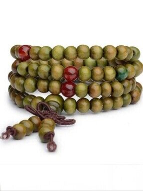 Green Yoga Meditation Sandalwood Rosary Wrap Mala Bead Wooden Bracelet